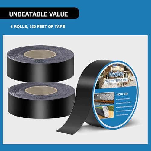 Heelos Joist Tape 1-5/8" x 50', Butyl Joist Tape for decking, Butyl Deck Tape Deck Joist Tape for Top of Joists, Rim Joists, Under Joists and Beams (3 Rolls)
