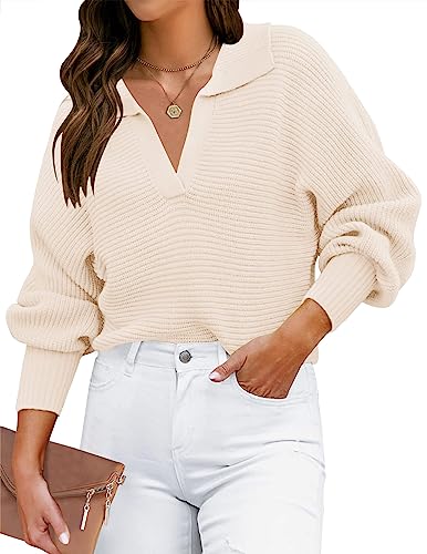 ZESICA Women's 2024 Fall Lapel Collar V Neck Long Sleeve Ribbed Knit Comfy Loose Casual Pullover Sweater Jumper Top,Purple,Small
