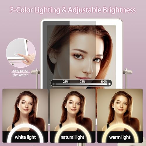 FASCINATE Rechargeable Wall Mounted Makeup Mirror, Bathroom Mirror Rectangle 8.7 Inch Double Sided 1X 10X Magnifying, 3 Color Setting, Extended Arm 360° Swivel Foldable Nichel