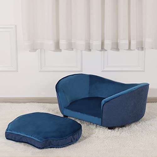 Pet Sofa Bed/Velvet & Linen Fabric Pet Couch with Removeable & Washable Cushion for Small Dogs & Cats (Blue)