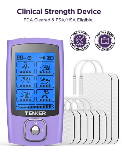 TENKER TENS Unit Muscle Stimulator, 24 Modes TENS EMS Machine for Pain Relief Therapy/Pain Management, Rechargeable Electronic Pulse Massager with 2"x2" and 2"x4" TENS Unit Electrode Pads