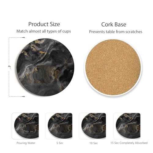 Hoomey Set of 6 Abstract Black Marble Coasters with Holder, Absorbent Ceramic Coasters for Drinks, Coasters with Cork Backing for Table Protection, Housewarming Gifts for New Home