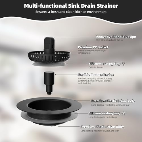 Hibbent 2 Pack Universal 3 in 1 Kitchen Sink Drain Strainer with Sink Stopper, Stainless Steel Wrapped Shell, SUS304 Anti-Clogging Basket Strainer, Fit for US Standard 3-1/2" Drain, Stainless Steel