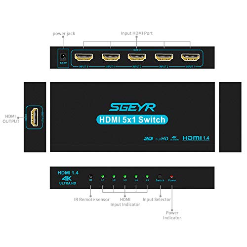 HDMI Switch SGEYR 5x1 HDMI Switcher 5 in 1 Out HDMI Switch Selector 5 Port Box with IR Remote Control HDMI 1.4 HDCP 1.4 Support 4K@30Hz Ultra HD 3D 2160P 1080P