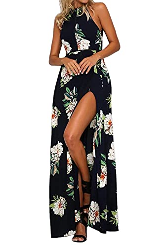 ZESICA Women's 2024 Summer Halter Neck Floral Print Backless Split Beach Party Maxi Dress,BluishViolet,Small