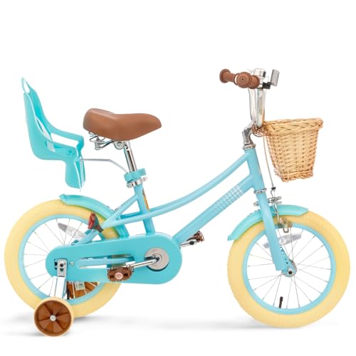 XJD Girls Bike for 2-4 Years Old Toddlers and Kids, 12 14 16 20 Inch Kids Bike with Basket and Bell Training Wheels, Adjustable Seat Handlebar Height (12 Inch with Training Wheels, Blue)