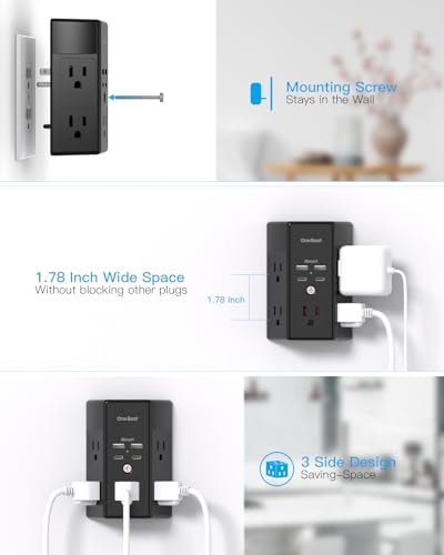 Multi Plug Outlet, Surge Protector, 5 Outlet Extender with 4 USB Charging Ports (2 USB C), USB Wall Charger, 3-Sided 1800J Power Strip Outlets Splitter Wall Plug Adapter Spaced for Home Office, Black
