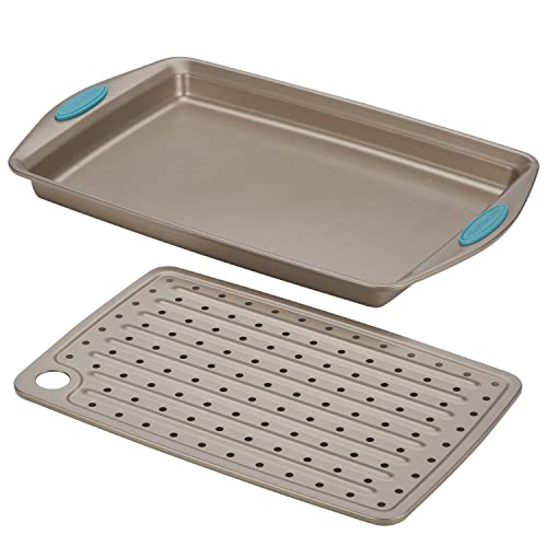 Rachael Ray Cucina Nonstick Bakeware Set with Grips, Nonstick Cookie Sheet / Baking Sheet and Crisper Pan - 2 Piece, Latte Brown with Agave Blue Handle Grips