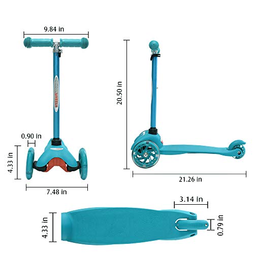 ChromeWheels Scooter for Kids, Deluxe 3 Wheel Scooter for Toddlers 4 Adjustable Height Glider with Kick Scooters, Lean to Steer with LED Flashing Light for Ages 3-6 Girls Boys, Aqua
