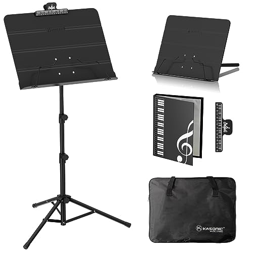 K KASONIC - Dual-Use Folding Sheet Music Stand & Desktop Book Stand with Portable Carrying Bag, Sheet Music Folder & Clip Holder (Black)