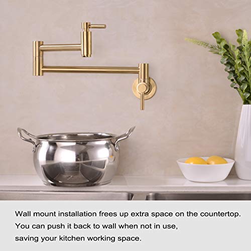 Fonveth Brushed Gold Wall Mounted Pot Filler Kitchen Faucet, Dual Handles, 1/2 IPS Male Threaded - 14 NPT inlet