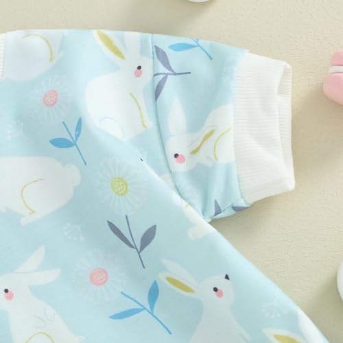 Infant Baby Girl Boy Easter Outfit Cute Bunny T Shirt Romper Oversized Bubble Onesie Floral Short Sleeve Bodysuit (Blue White Rabbit Print, 0-3 Months)