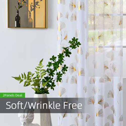 youleyar Silver Foil Print Voile Sheer Curtains,Wicker Grommet Top Window Drapes 63 Inches Long, Luxury Metallic Bronzing Treatment Panels for Home Window Decoration, 2 Panels