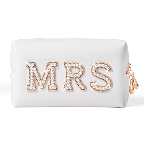 Y1tvei Gold MRS Letter Patch Cosmetic Toiletry Bag Pearl Rhinestone Varsity, PU Leather Bride Makeup Bag Waterproof Portable Zipper Small Clutch Purse Travel Organizer for Women Girls