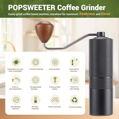 Manual Coffee Bean Grinder,Popsweeter C38 hand coffee grinder with Stainless Steel Conical Grinding Burr for Espresso,Pour Over,FrenchPress,Moka,Americano, for Office Home Traveling Camping