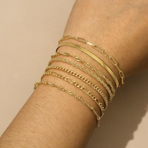 Reoxvo Gold Bracelets for Women,Dainty 14K Gold Plated Brass Chain Link Bracelet Set for Women Trendy Stack Bracelets Jewelry for Women