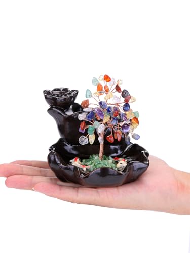 Jovivi Backflow Incense Holder with 7 Chakras Crystal Tree,Waterfall Incense Burner, Ceramic Lotus Fishes Backflow Incense Holder Set,Zen Decor Yoga Meditation, Home Desk Decor