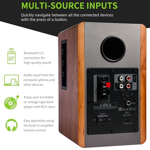 SINGING WOOD BT25 (2024 Version) Bluetooth Active Bookshelf Speakers for with Optical Aux inputs Subwoofer Line Out for PC, TVs, Turntable, Wooden Enclosure,80W - Beach Wood