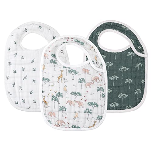 Snap Muslin Bibs for Girls, 3-Pack Baby Bibs for Infants, Newborns and Toddlers, 100% Cotton Muslin Absorbent & Soft Layers, Adjustable Snaps,Animal Jungle, 0-36Month "Animal Jungle"