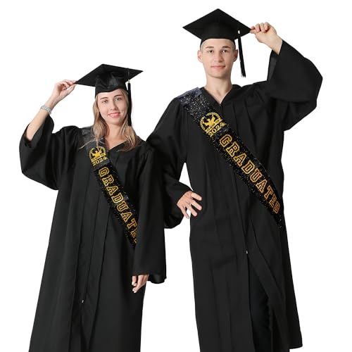 GraduatePro Unisex 2024 Graduation Sash with Gold Glitter Letter Graduated Graduate Hat for Party Gift Black