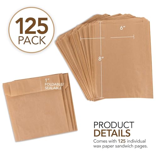 Paper Sandwich Bags Kraft Brown (125 Pack) Food Grade Bags with White Round Stickers for Sealing - Unbleached Compostable Natural Kraft Paper Stock Bags for Bakery Cookies, Treats, Snacks, Sandwiches