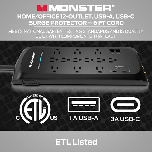 Monster Black Heavy Duty Surge Protector Power Strip 6 ft Cord with 10 120V-Outlet Extension, 2 Ethernet Switch Ports, 4050J Rating, 1 USB-A, and 1 USB-C Charging Ports – Ideal for Computers & Offices