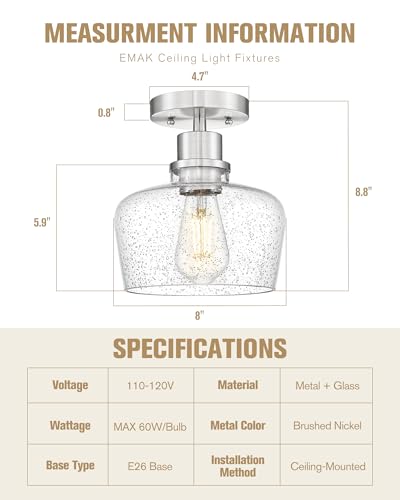 Emak Modern 8 Inch Ceiling Light Fixtures, Brushed Nickel Semi Flush Mount Ceiling Light with Seeded Glass Shade, Flush Mount Light Fixture for Bathroom, Bedroom, Kitchen, Hallway, FM122-BN-SG