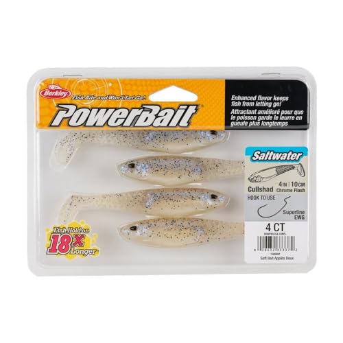 Berkley PowerBait Saltwater CullShad Fishing Bait, Chartreuse Silver Flash, 4in, Irresistible Scent and Flavor, Ideal for Bass, Redfish, Trout and More