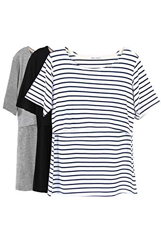 Smallshow 3 Pcs Maternity Nursing T-shirt Nursing Tops White Stripe-Black-Grey Medium