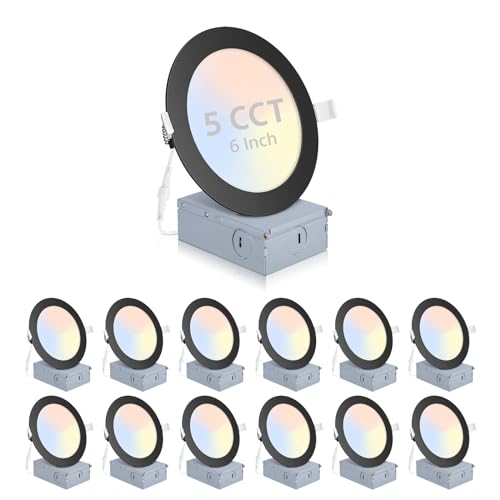 Wosen 12Pack 6 Inch 5CCT Ultra-Thin LED Recessed Ceiling Light with Junction Box, 15W 1200lm Canless Wafer Downlight ETL Energy