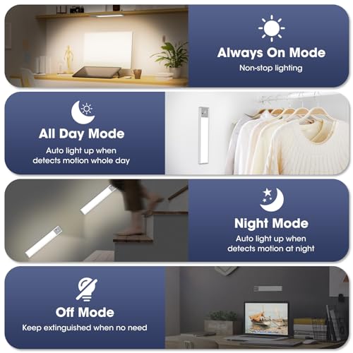 Yacoto Motion Sensor Under Cabinet Lights, 34 LED Remote Control Closet Light 3 Color Temperature Dimmable Rechargeable Wireless Under Counter Lighting for Kitchen, Bedroom, Stairs (2 Pack, 8 in)