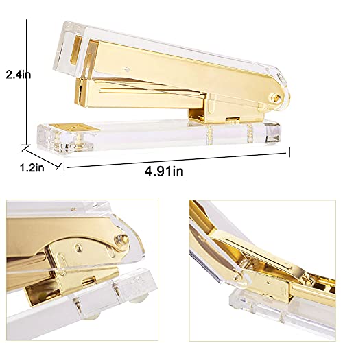 Acrylic Gold Tape Dispenser Gold Desktop Stapler, Acrylic Office Supplies Includes Staple Remover, Tape, 1000pcs Staples Desk Accessory Kit, Cute Office Stapler Set for Modern Design Office Desktop