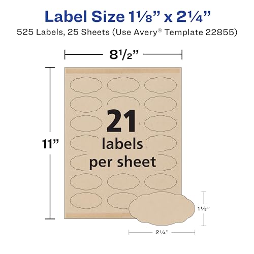 Avery Kraft Brown Scalloped Oval Labels with Sure Feed Technology, 1-1/8" x 2-1/4", Print to The Edge, Laser/Inkjet Printable Labels, 525 Total (22855)