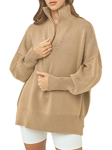 ANRABESS Women's Oversized Fashion Long Sleeve Quarter Zip Baggy Loose Slouchy Sweater Pullover Tops 2024 Fall Outfits Rose X-Small