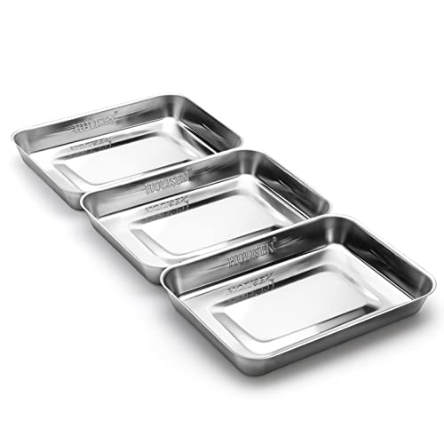 HULISEN Breading Trays Set of 3, Large Stainless Steel Breading Pans for Dredging Chicken Breasts and Marinating Meat, Interlocking Food Prep Trays for Coating Fish and Breadcrumb Dishes, Oven Safe