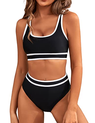 BMJL Women's High Waisted Bikinis Sets Sporty Two Piece Swimsuits Color Block Cheeky High Cut Bathing Suits(S,Sky Blue)