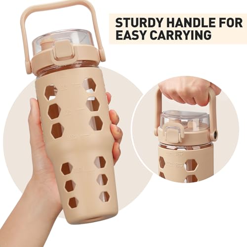 MUKOKO Half Gallon/64 oz Glass Water Bottles with Straw and Lid,Motivational Water Jug with Time Marker Reminder and Silicone Sleeve,100% Leakproof BPA Free Fitness Sports Large Bottle-Purple