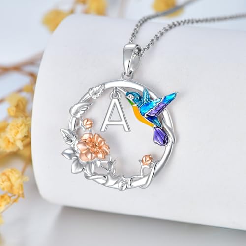 LONAGO Hummingbird Necklace with W Initial, Hummingbird Pendant Necklaces A-Z 26 Alphabet Necklace Sterling Silver Gift for Women (W)