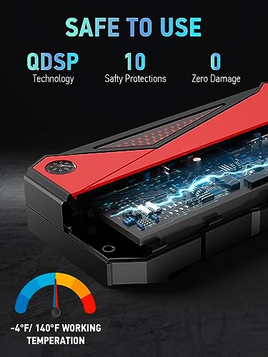 DBPOWER Peak 1600A 18000mAh Portable Car Jump Starter (up to 7.2L Gas, 5.5L Diesel Engine) Battery Booster with Smart Charging Port, Compass, LCD Screen and LED Light (Black/Red)