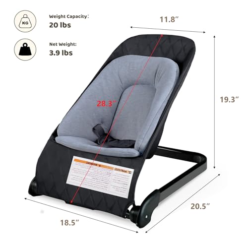 Kinder King Portable Baby Bouncer, Foldable Bouncer Seat w/Thickened Soft Cushion, 3-Point Harness, Lightweight Newborns Bouncy Seat, Black