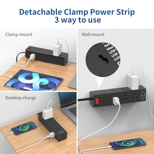 Fast Charging PD 20W USB C Desk Clamp Power Strip,Fararaka Surge Protector Power Strip with 3USB Ports/12 AC,6FT Extension Cord with Multiple Outlets Removable Mountable Fits 1.8" Tabletop Edge