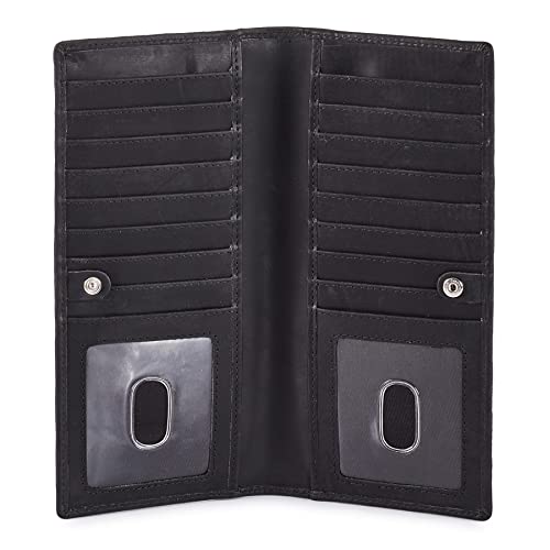 Long Wallet for Men Women Real Leather Bifold RFID Stylish Slim Handmade 2 ID Window Credit Card Holder in Gift Box (Black, Crazy Horse)