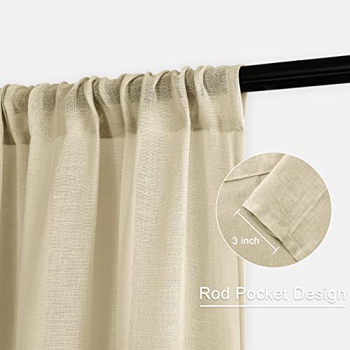 XWZO Faux Linen Semi Sheer Curtains 54 Inch for Living Room - Soft Privacy Enhancing & Light Filtering Window Curtains for Bedroom/Small Windows, Beige, 52 x 54 Inch Length, Set of 2 Panels
