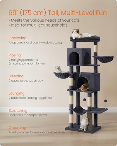 Feandrea Cat Tree, 69-Inch Tall Cat Tower for Indoor Cats, Multi-Level Cat Condo with 2 Caves, 2 Baskets, 5 Scratching Posts, Self-Groomer, Perch, Hammock, Dark Gray UPCT182G02