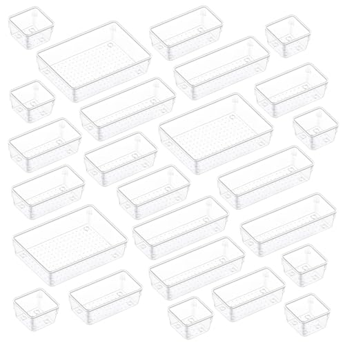 LUSCREAL 25 PCS Plastic Drawer Storage, 4 Sizes Clear Drawer Organizers, Versatile Drawer Dividers for Bathroom, Vanity, Makeup, Utensil, Kitchen and Office