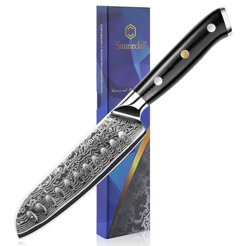 Sunnecko Damascus Chef Knife Japanese Santoku Knife 5 Inch Chopping Knife Vegetables, High Carbon Stainless Steel Knife with Gift Box