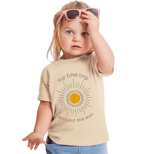 MODNTOGA 1st Birthday Tee Baby Boy Girl Short Sleeve T-Shirt First Birthday Sun Graphic Toddler Kid Letter Tops Summer Outfit (Beige, 1 Years)