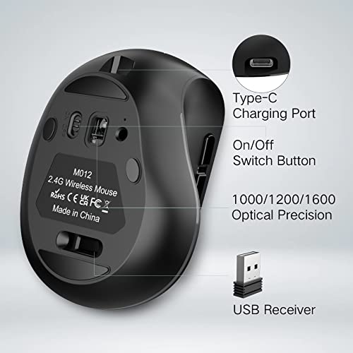 PINKCAT Wireless Ergonomic Mouse, 2.4G Vertical Mouse, USB C Rechargeable, Silent LED Advanced Ergo Mouse, 3 Adjustable DPI Optical Mouse for Laptop, PC, Desktop, Mac, Black