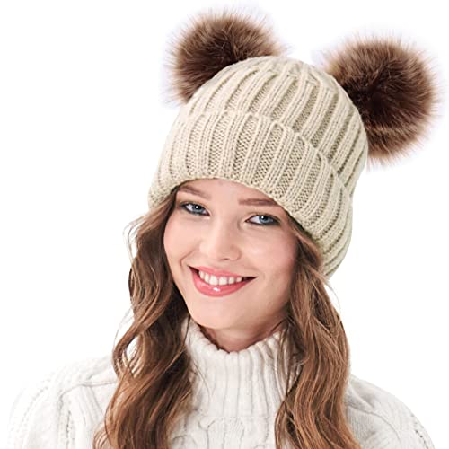 Arctic Paw Women Knit Beanie Cable Knit Beanie Hat Faux Fur Pompom Beanie with Ears Red