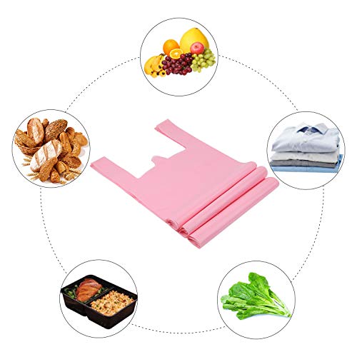 LazyMe T Shirt Bags, Bolsas De Plastico Para Negocio,12x20 Inches Plastic Shopping Bags with Handles for Grocery, Business, Restaurant Use (Pink 100pcs)